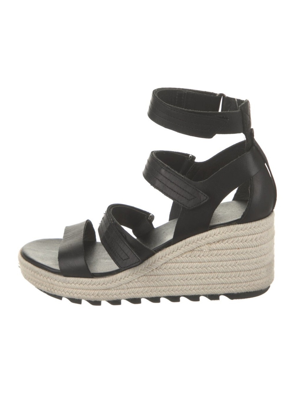 Sorel Black Leather Ankle-Strap Wedge Espadrilles